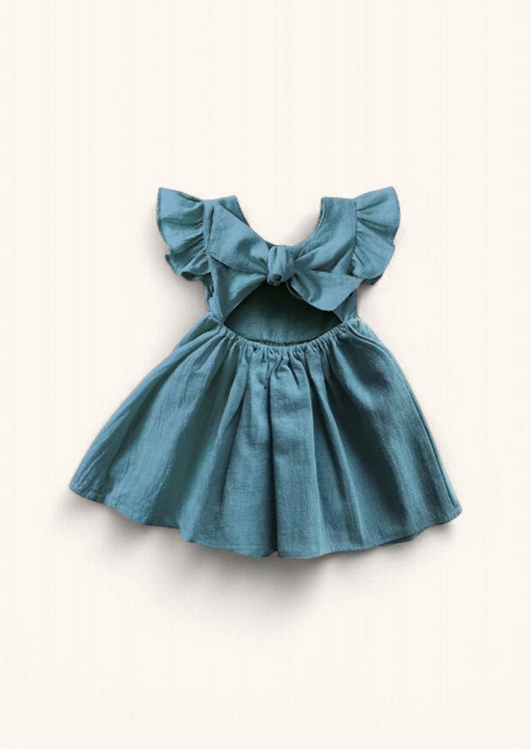 Tie Back Linen Dress in Blue