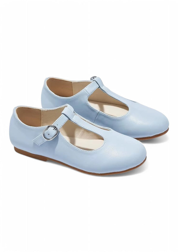 Leather T Strap Flats in Blue