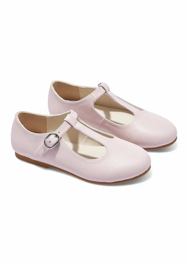 Leather T Strap Flats in Pink