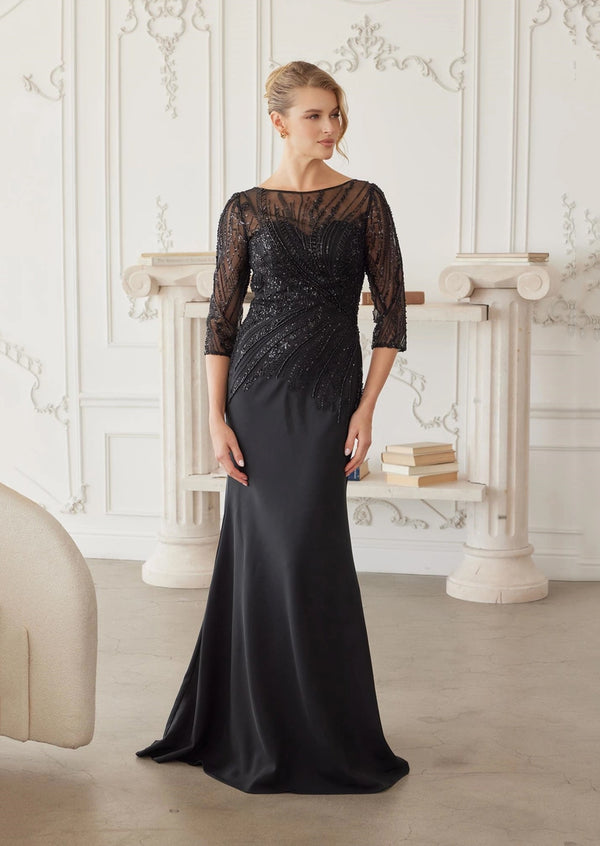 Black Beaded Tulle Mother of the Bride Gown | Stretch Satin