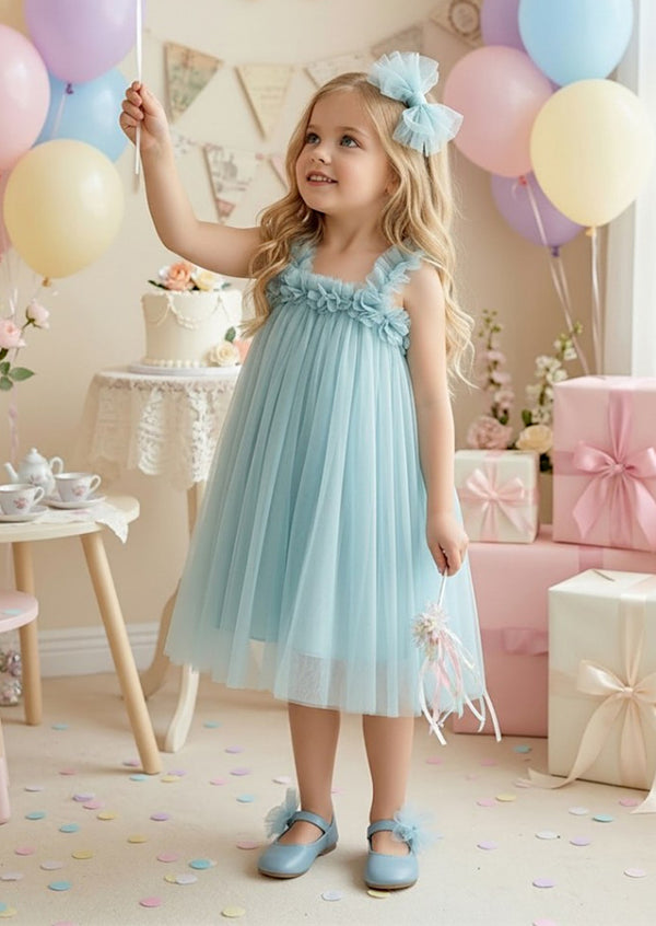 Fog Blue Tulle Dress for Girls  Floral Strap Birthday Dress 1