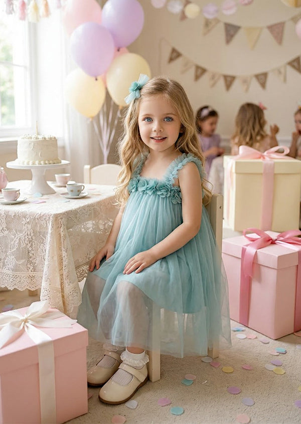 Fog Blue Tulle Dress for Girls  Floral Strap Birthday Dress sitting