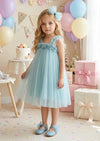 Fog Blue Tulle Dress for Girls  Floral Strap Birthday Dress front view
