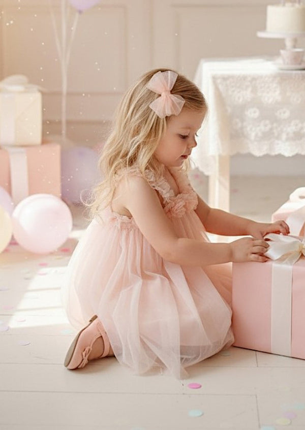 Pink Tulle Dress for Girls  Floral Strap Birthday Outfit sitting