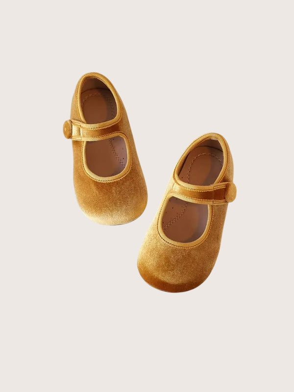 Girls Velvet Mary Jane Flats in Ginger Yellow | Toddler Dress Shoes