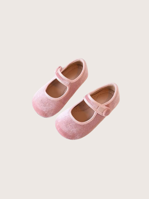 Girls Velvet Mary Jane Flats Pink | Little Girls Dress Shoes