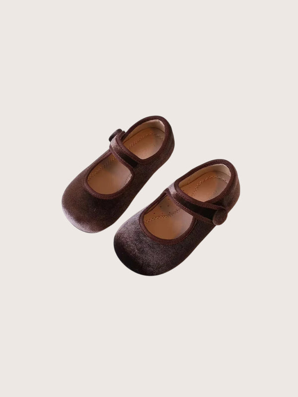 Girls Velvet Mary Jane Flats Chocolate Brown | Toddler Dress Shoes