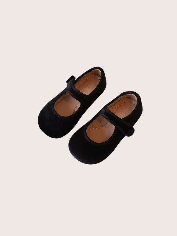 Girls Velvet Mary Jane Flats in Black | Toddler Dress Shoes