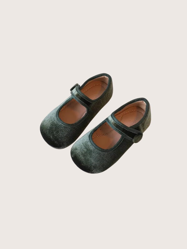 Girls Velvet Mary Jane Flats in Deep Olive | Toddler Dress Shoes