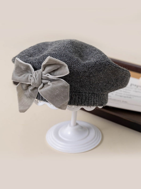 Girls Velvet Bow Knit Beret | Toddler & Girls Hats Gray