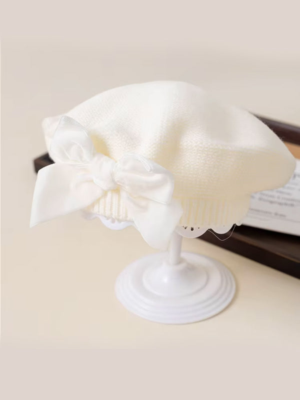 Girls Velvet Bow Knit Beret | Toddler & Girls Hats White
