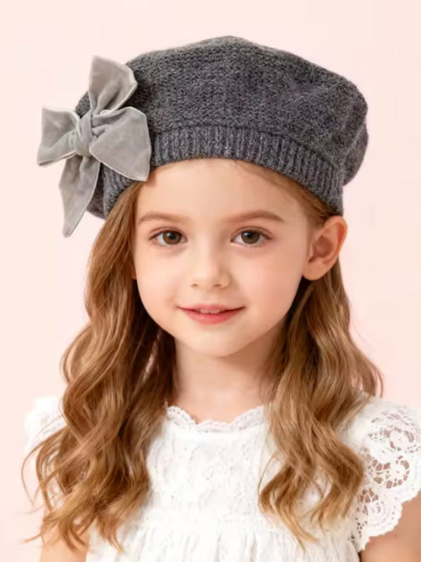 Girls Velvet Bow Knit Beret | Toddler & Girls Hats Gray