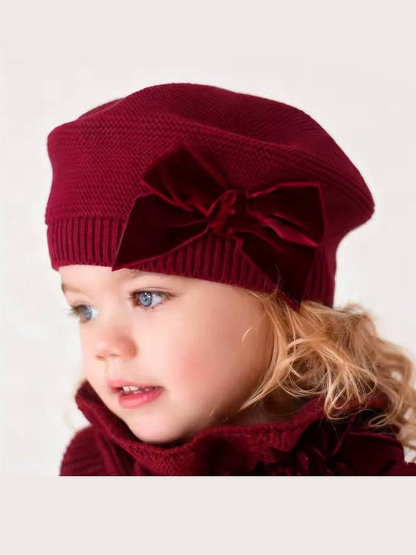 Girls Velvet Bow Knit Beret | Toddler & Girls Hats Red