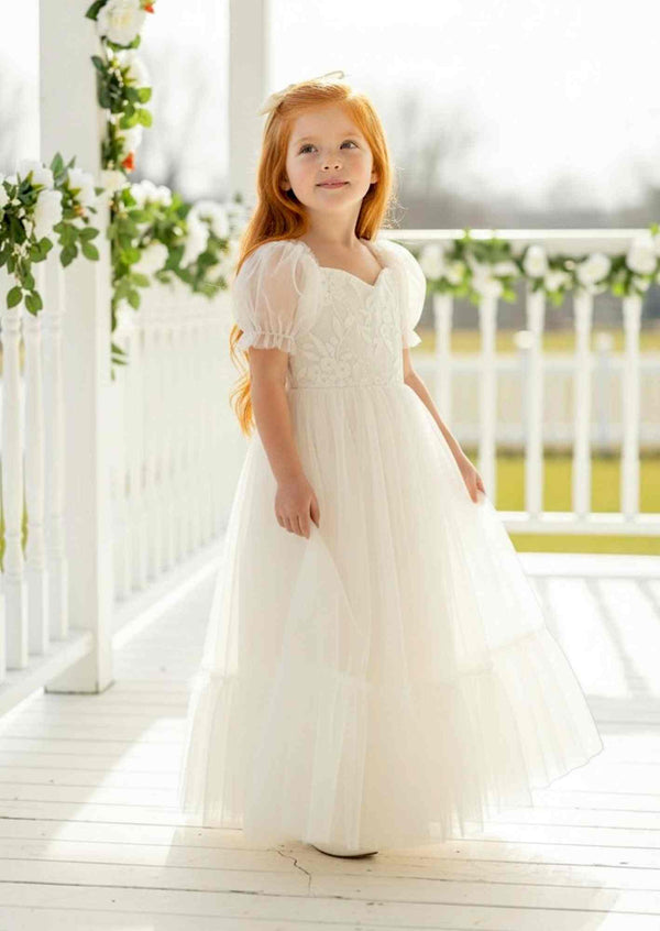 ivory puff sleeve lace and tulle flower girl dress - 1st communion dress