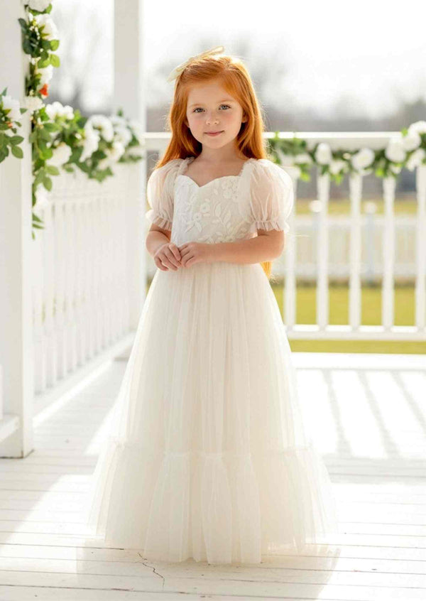 ivory puff sleeve lace and tulle 1st communion dress