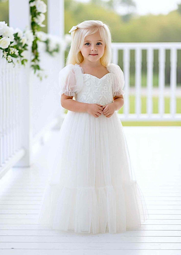 White Victoria Sweetheart Dress with floral lace bodice, sheer puff sleeves, and layered tulle skirt for flower girls