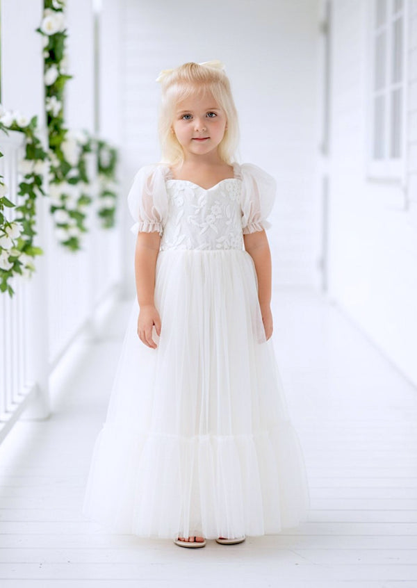 Puff Sleeve White Tulle & Lace flower girl Dress
