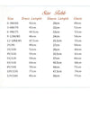 A size table chart with columns for Size, Dress Length, Sleeve Length, and Chest, printed in black text on a white background with a decorative wavy border.