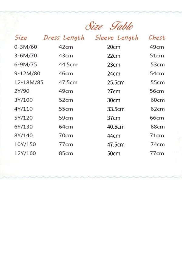 A size table chart with columns for Size, Dress Length, Sleeve Length, and Chest, printed in black text on a white background with a decorative wavy border.