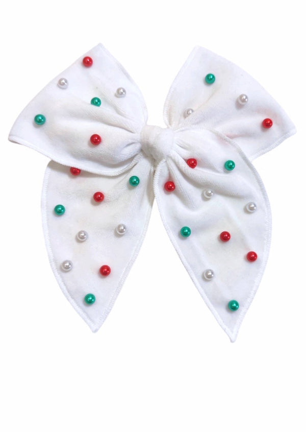 Girls White Velvet Beaded Christmas Hair Bow