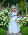 Sleeveless White Boho Lace & Tulle Dress & Sash for Rustic Flower Girl