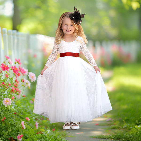 Long Sleeve Flower Girl Dresses in Classic White for Weddings