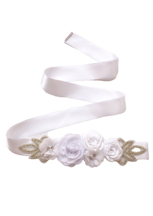 white flower girl dress sash with flowers