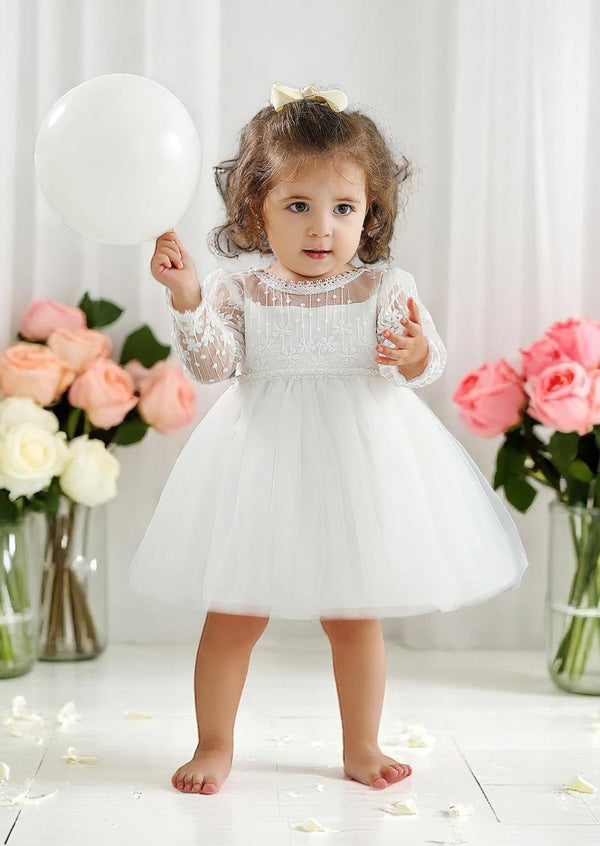 Baby Girl White Lace Overlay & Tulle Knee Length Christening Dress