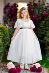 short sleeve white flower girl dress for toddlers with burgundy sash