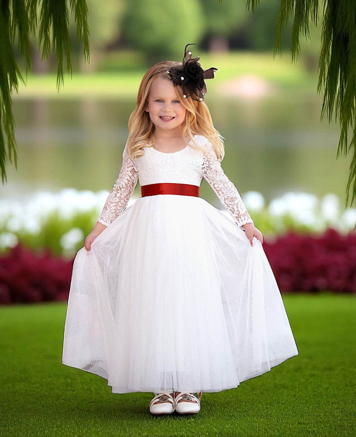 White Long Sleeve Feathered Lace Flower Girl Dress for Garden Weddings
