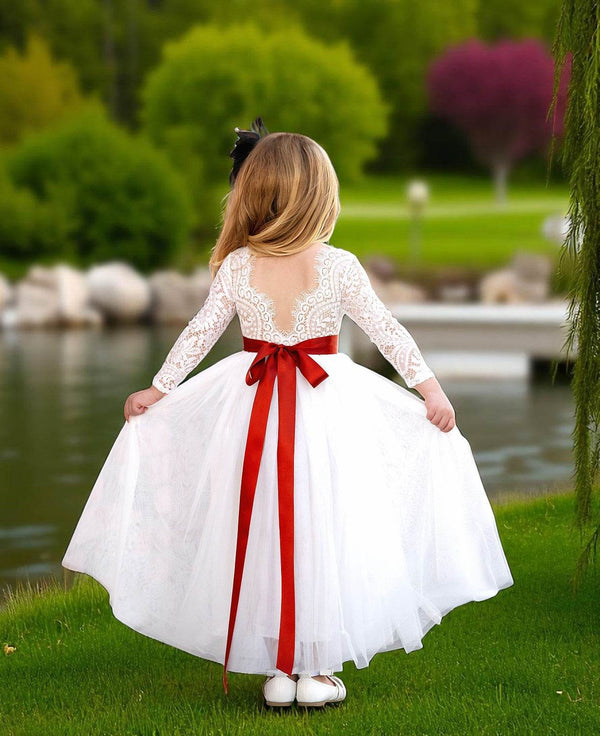 White Long Sleeve Feathered Lace Flower Girl Dress for Garden Weddings white