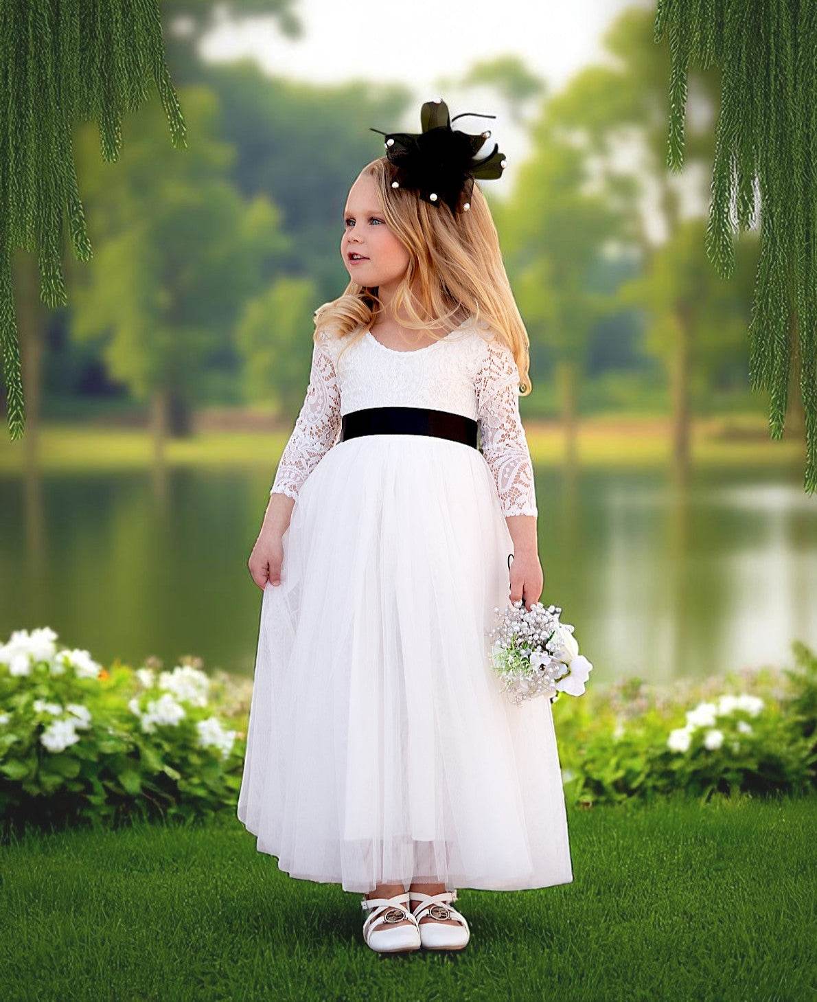 Classic White Rustic Boho Long Sleeve Tulle & Lace Flower Girl Gown