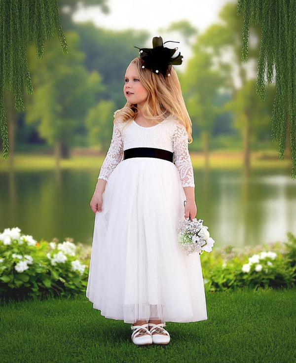 Classic White Long Sleeve Tulle & Lace Flower Girl Dress