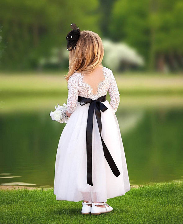 Classic White Long Sleeve Tulle & Lace Flower Girl Dress