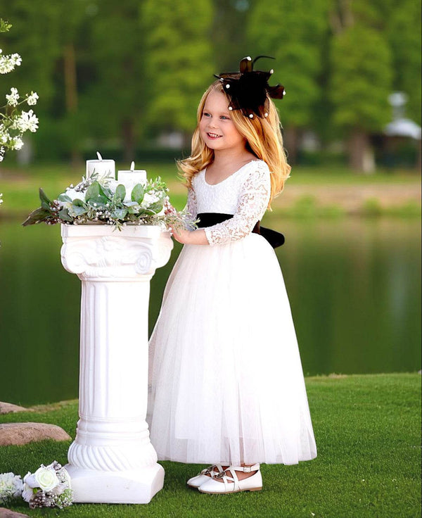 Classic White Long Sleeve Tulle & Lace Flower Girl Dress