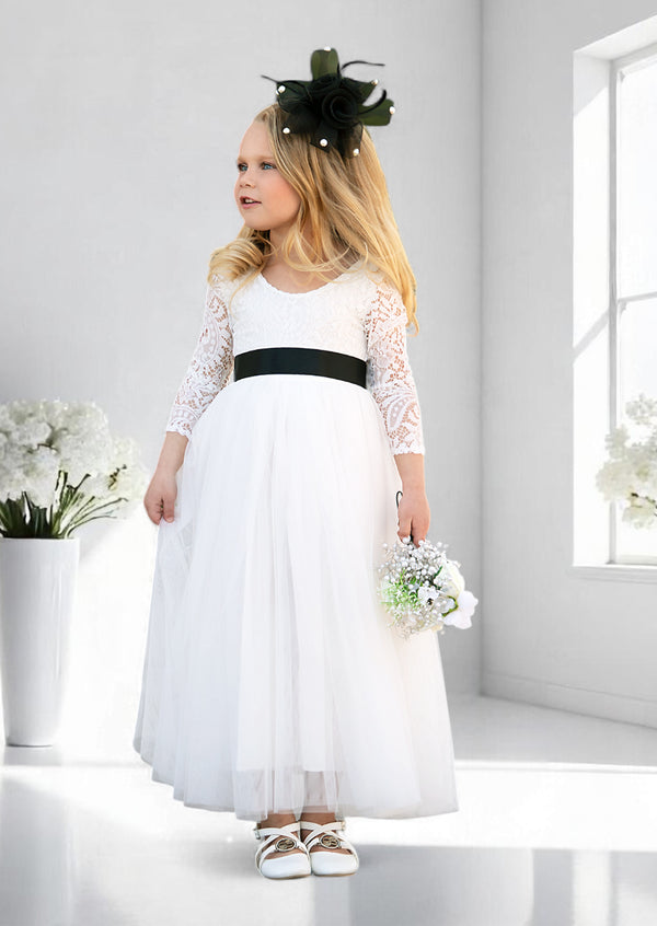 Classic White or Ivory Long Sleeve Tulle & Lace Flower Girl Dress