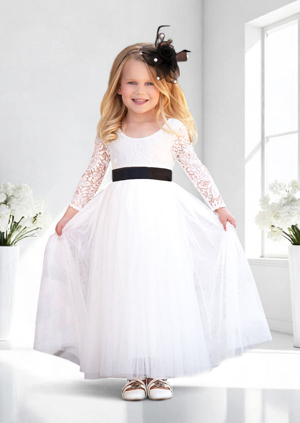 Classic White or Ivory Long Sleeve Tulle & Lace Flower Girl Dress