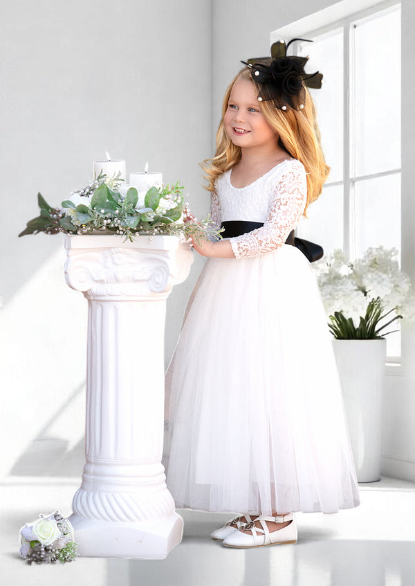 Classic White or Ivory Long Sleeve Tulle & Lace Flower Girl Dress