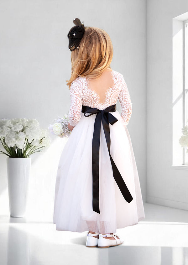 Classic White or Ivory Long Sleeve Tulle & Lace Flower Girl Dress