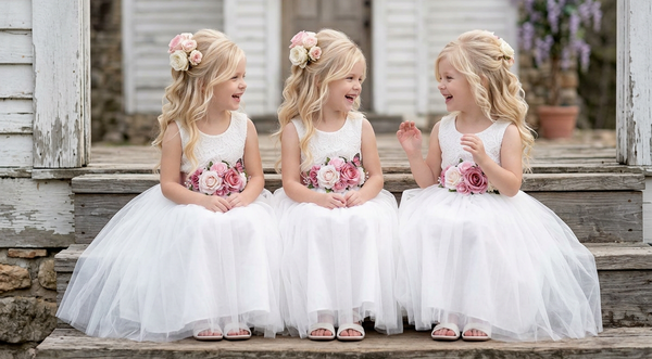 Toddlers wearing white flower girl dresses with flower sashes