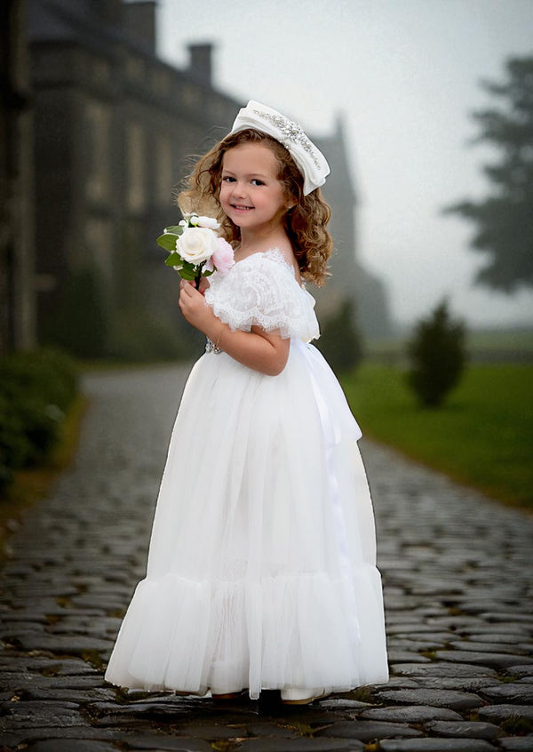 Our elegant white vintage-inspired flower girl dress is designed for elegant weddings and heirloom-styled shoots, for both baby, toddlers, girls & Jr Bridesmaids