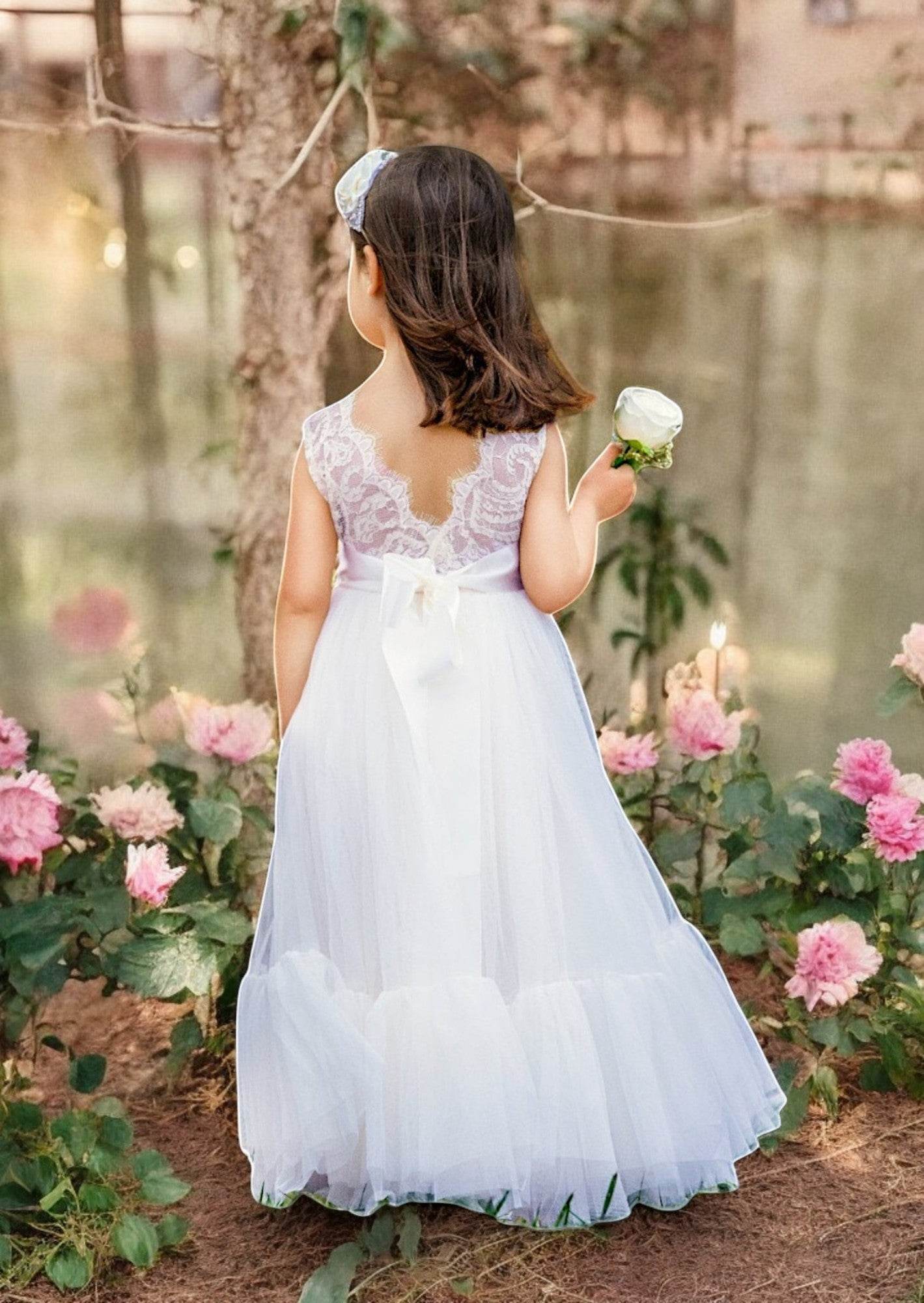 Sleeveless White Mermaid Style Boho Tulle Toddler Flower Girl Gown