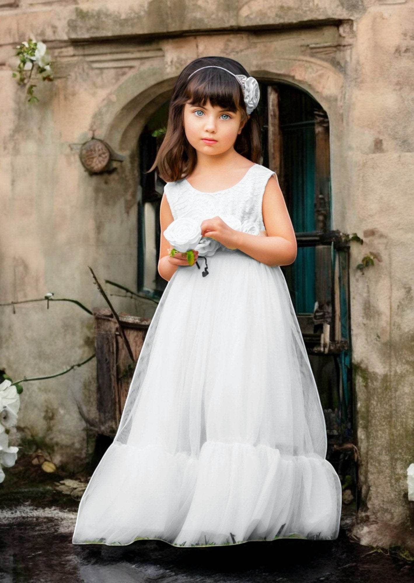 Sleeveless White Mermaid Style Boho Tulle Toddler Flower Girl Gown