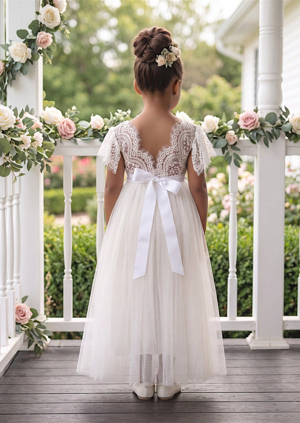  White Flutter Sleeve Flower Girl Dress - Flower Girl Dresses