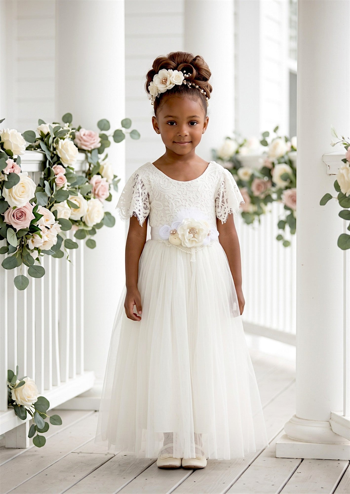 Celine Flutter Sleeve White Flower Girl Dress