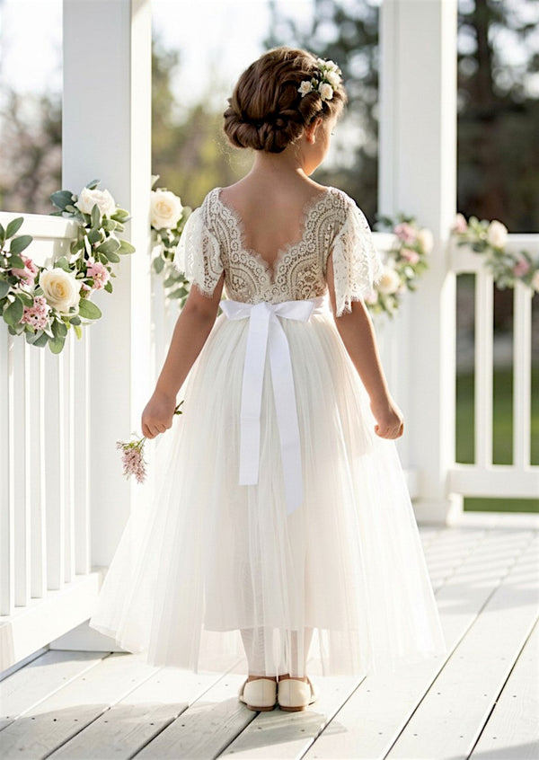  White Flutter Sleeve Flower Girl Dress - Flower Girl Dresses