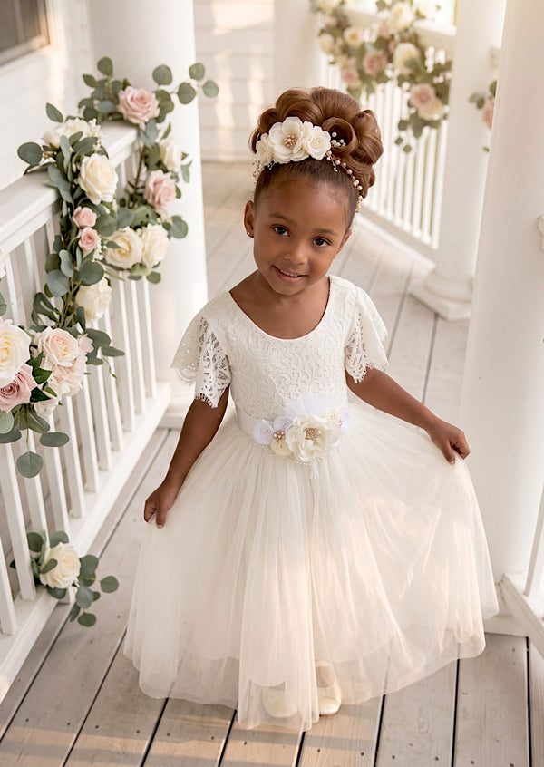  White Flutter Sleeve Flower Girl Dress - Flower Girl Dresses