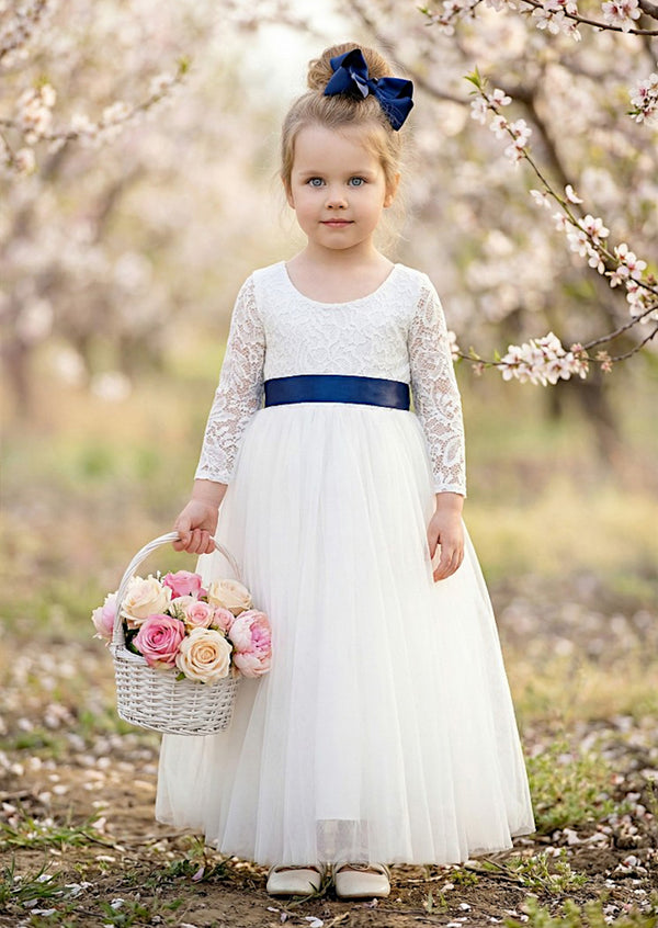 Classic White Long Sleeve Gown with Sash