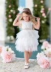 girls knee length flower girl dress with rhinestone sash