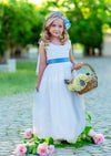 White flower girl dresses with blue sash